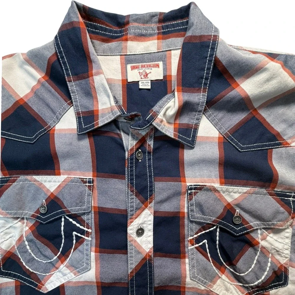 True Religion Cotton Flannel Shirt Mens 2XL Blue Orange Western Horseshoe Pocket